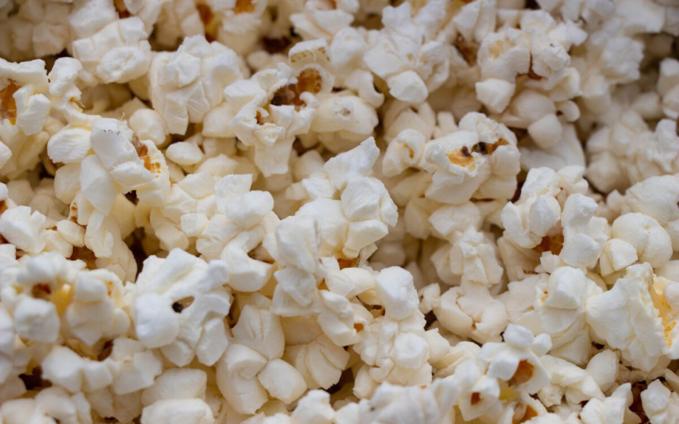 Many popped kernels of popcorn.