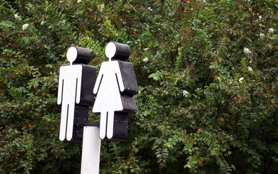 A sign with the silhouttes of figures reresenting man's and women's public restrooms.