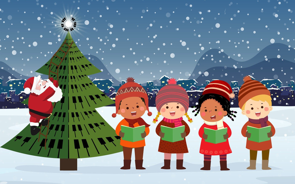 An illustration of Christmas carolers singing outside next to a Christmas tree on a snowy evening.